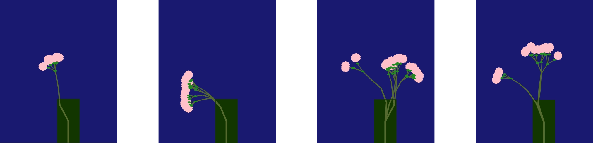 Four different blooms — each playthrough produces a unique flower