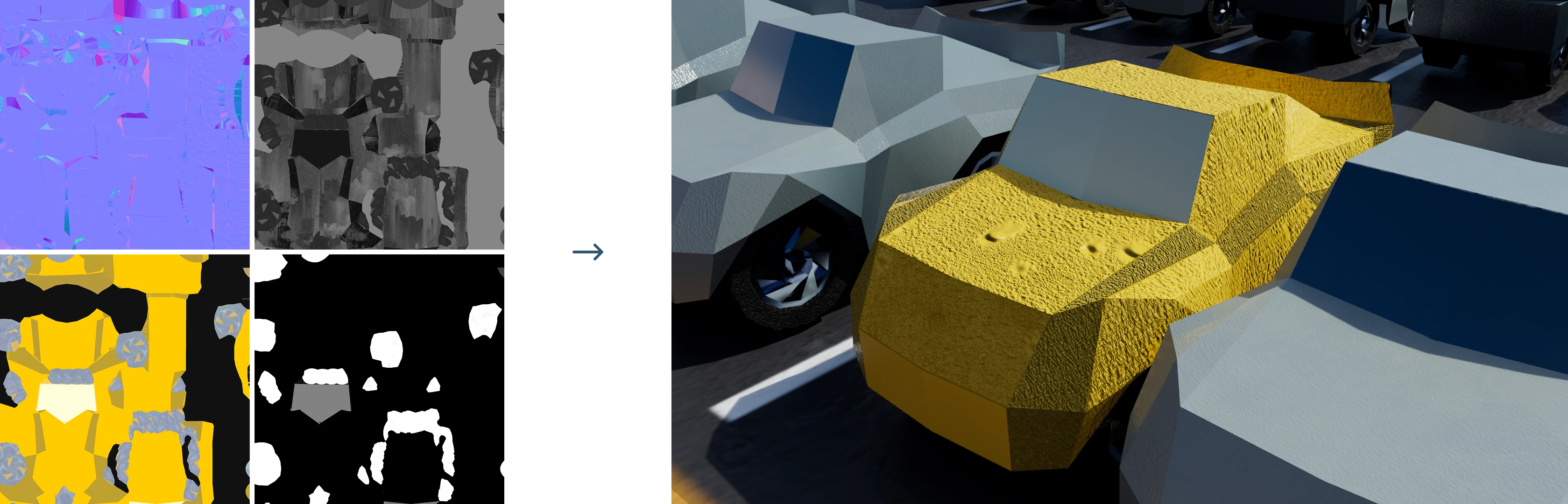 Texturing — car texture maps and rendered car