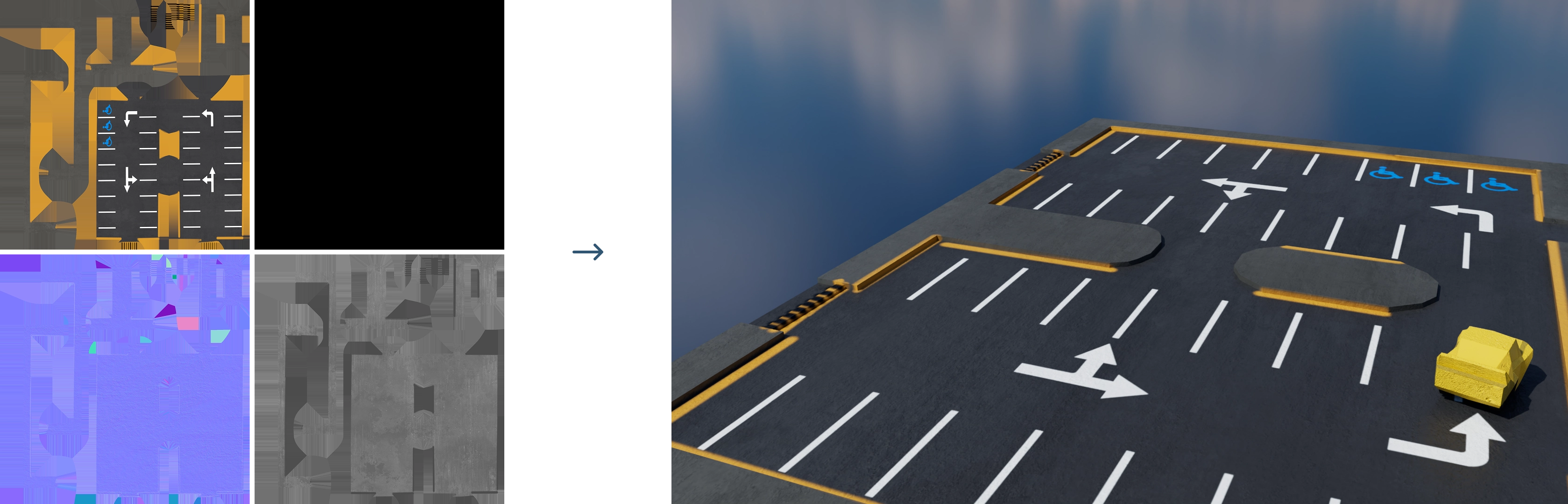 Texturing — parking lot texture maps and rendered parking lot
